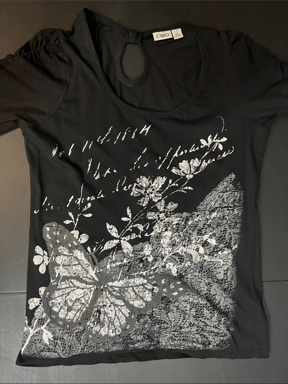Cato Black Tee with Silver Butterfly and Floral Print